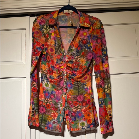 NATURAL LIFE Tops - NATURAL LIFE Multicolor Floral Sheer Button Blouse